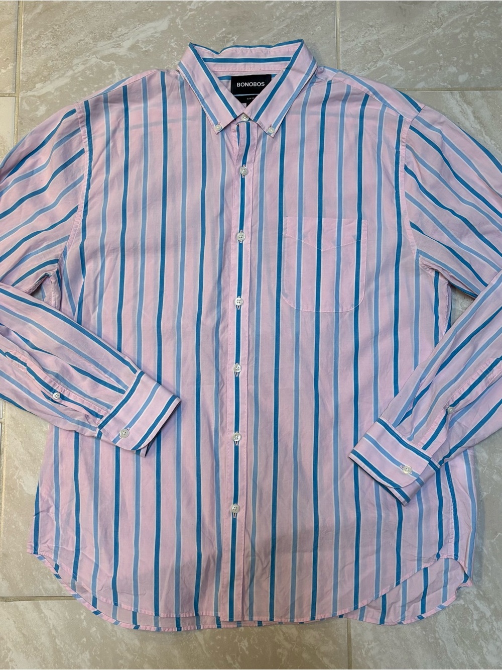 Bonobos XL Slim Fit Pink Shirt with Blue Vertical Stripes